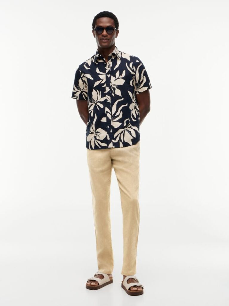 Khaki Harlem Tapered Leg Linen Blend Chinos  Men