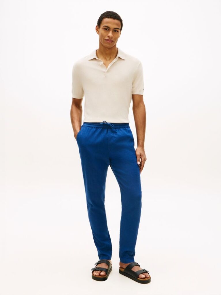 Blue Harlem Tapered Leg Linen Blend Chinos  Men