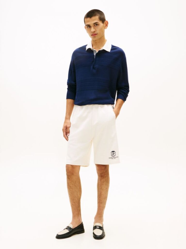 Beige Crest Embroidery Lightweight Relaxed Sweat Bermuda Shorts  Men