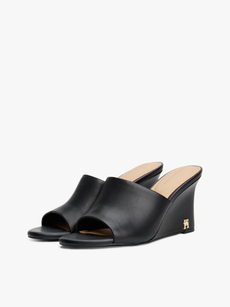 Black Leather TH Monogram Plaque Wedge Mules  Women