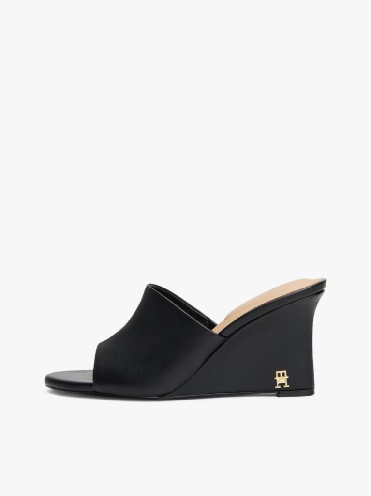 Black Leather TH Monogram Plaque Wedge Mules  Women