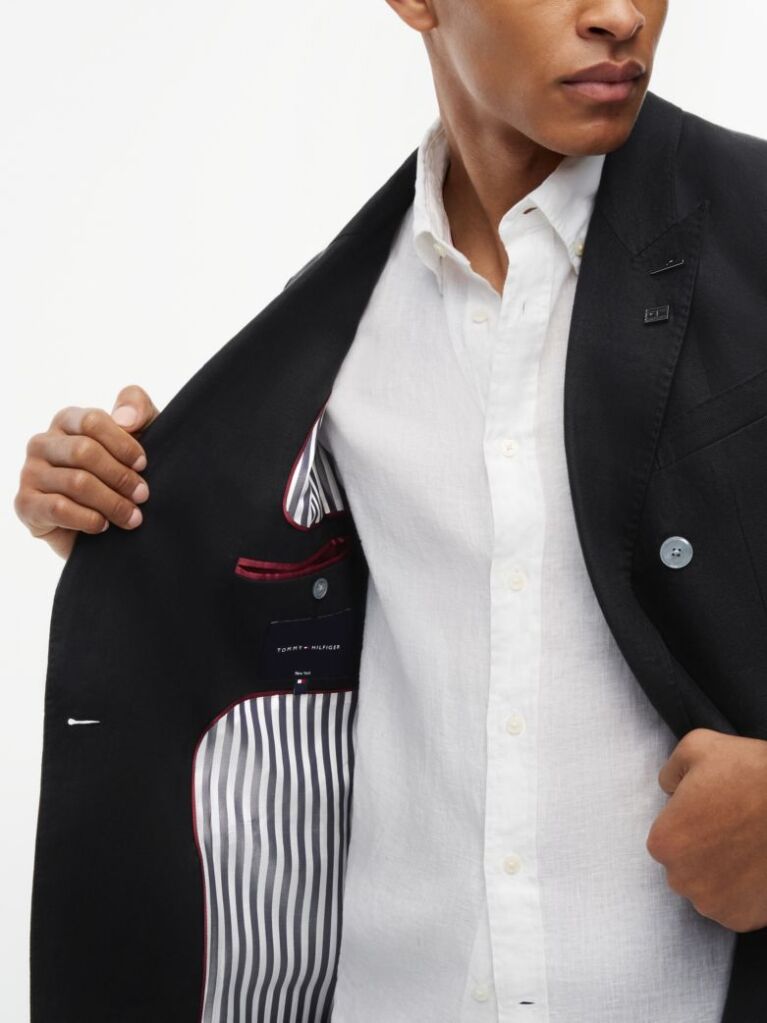 Black Smart Casual Regular Fit Pure Linen Blazer  Men
