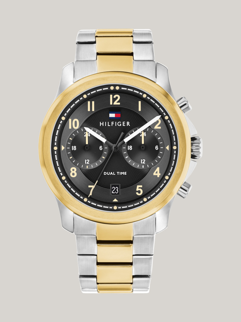 Gold Black Dial Dual Time Two-Tone Watch  Men