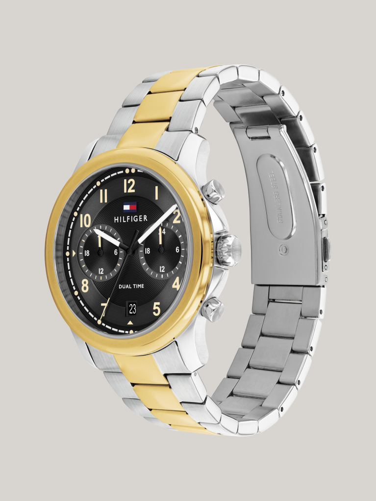 Gold Black Dial Dual Time Two-Tone Watch  Men