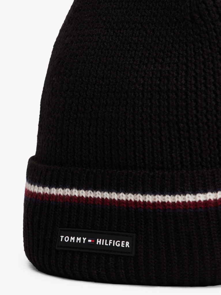 Black Signature Tape Wool Blend Beanie  Men