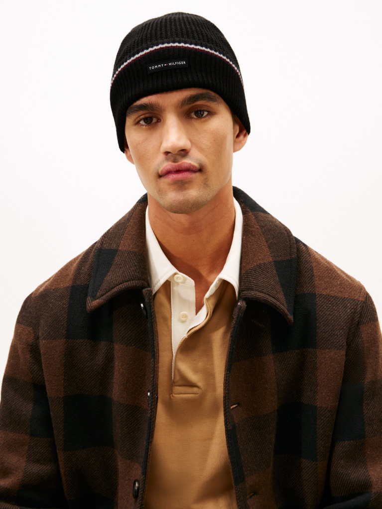 Black Signature Tape Wool Blend Beanie  Men