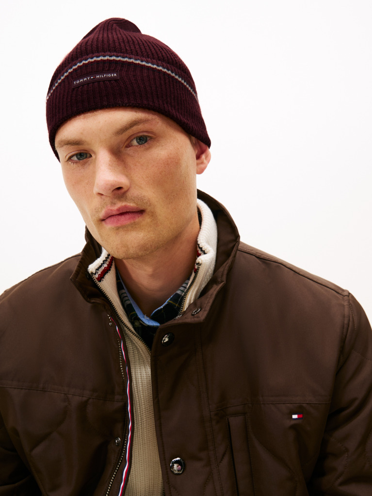 Red Signature Tape Wool Blend Beanie  Men