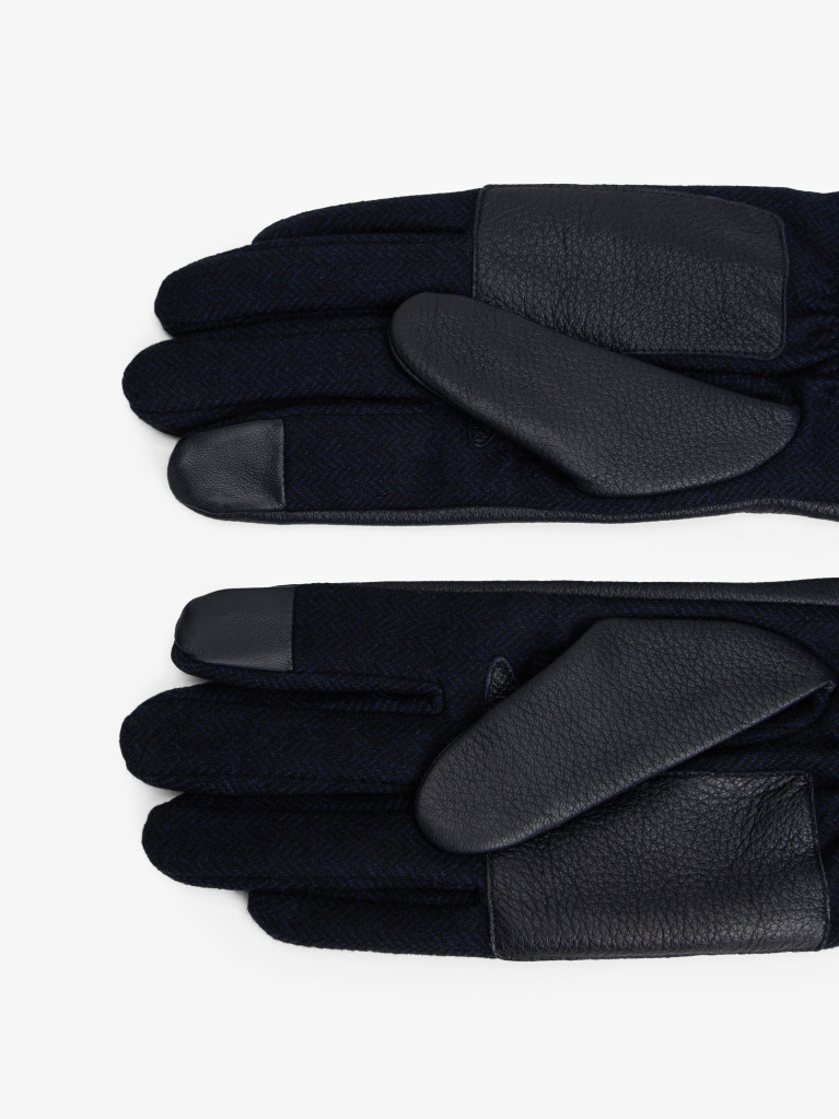 Blue Touchscreen Herringbone Leather Gloves  Men