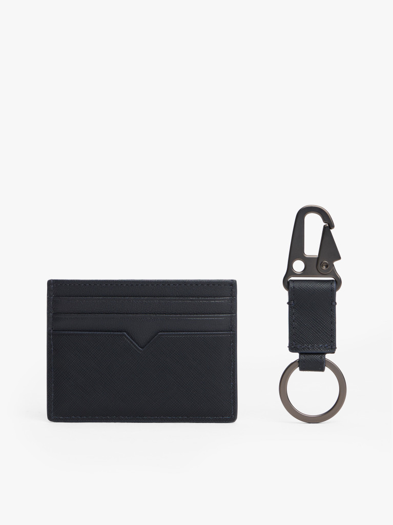 Blue Leather Card Holder And Key Fob Set  Men