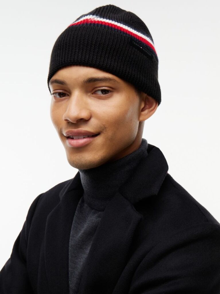 Black Wool Blend Global Stripe Beanie  Men