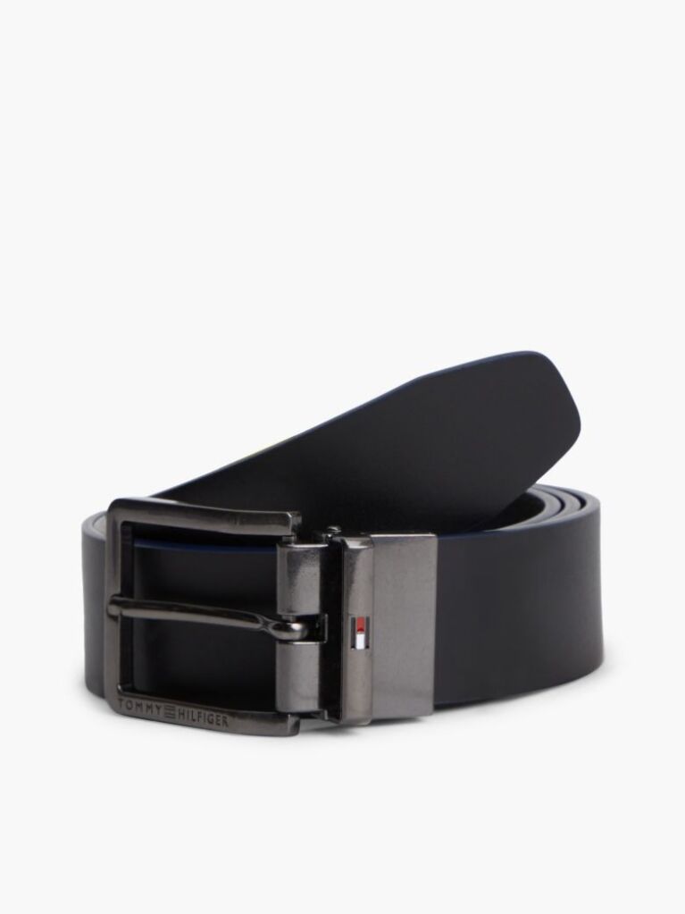 Blue Reversible Textured Leather Square Buckle Belt  Men