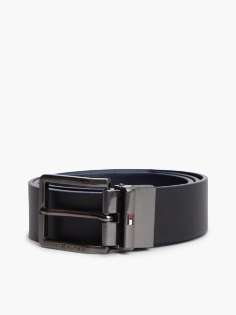 Blue Reversible Textured Leather Square Buckle Belt  Men
