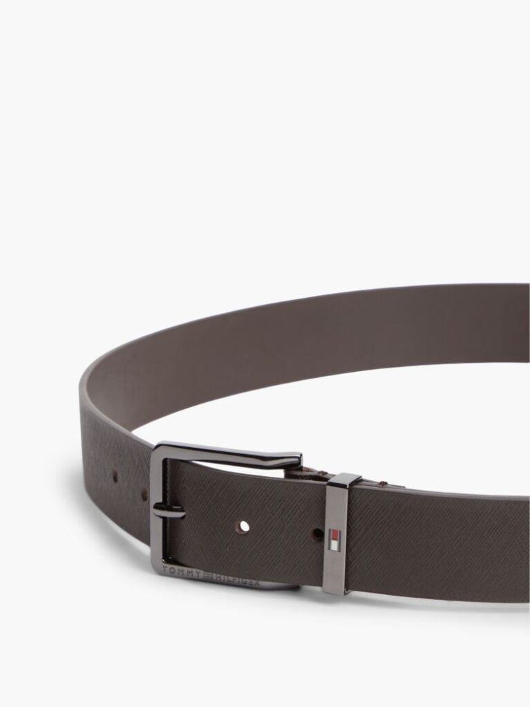 Brown Leather Logo Square Buckle Textured Belt  Men