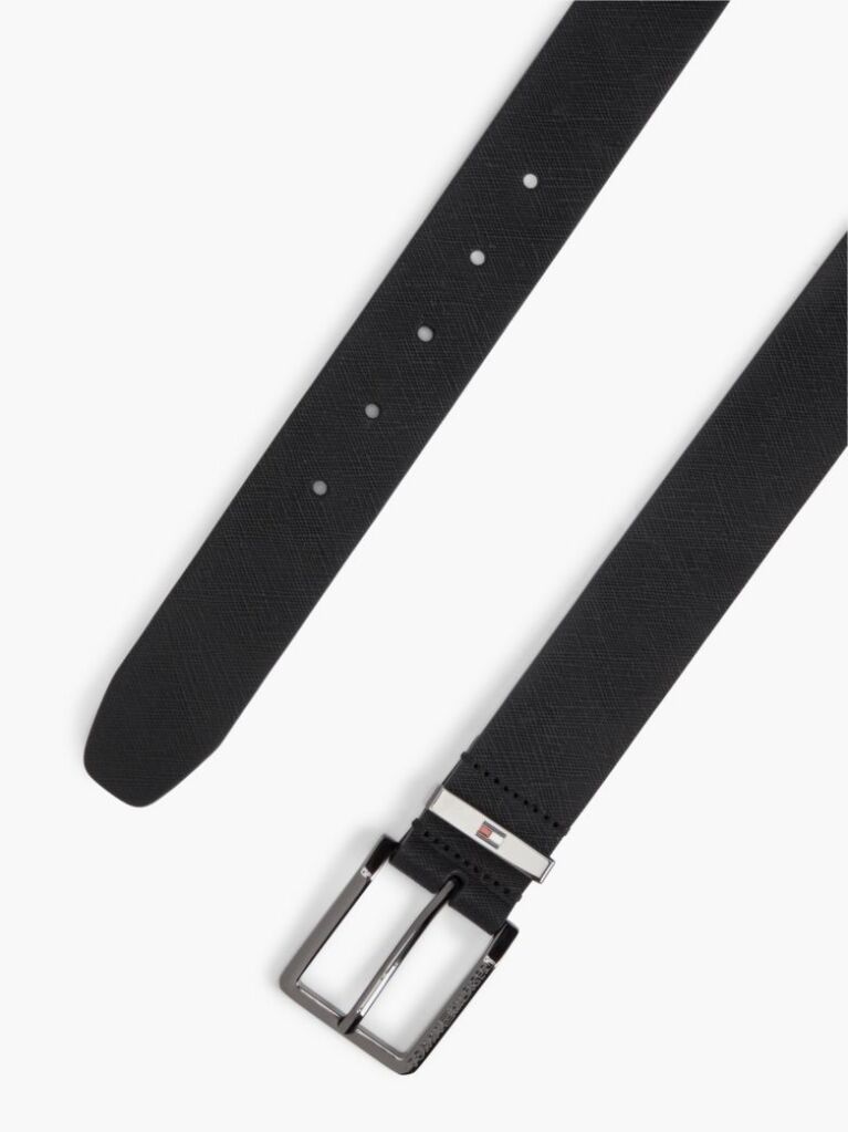 Black Leather Logo Square Buckle Textured Belt  Men