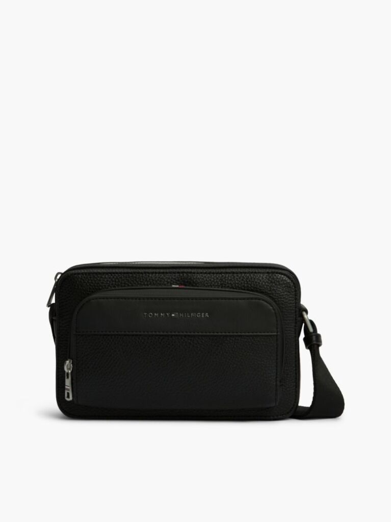 Black Metal Logo Textured Crossbody Reporter Bag  Men
