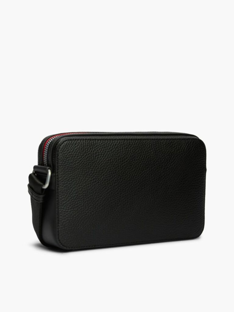 Black Metal Logo Textured Crossbody Reporter Bag  Men