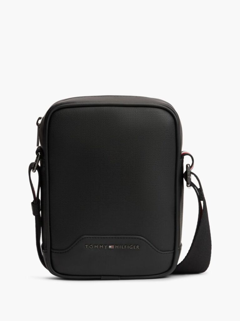 Black Textured Global Stripe Crossbody Reporter Bag  Men