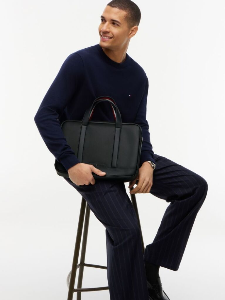 Black Textured Global Stripe Laptop Bag  Men