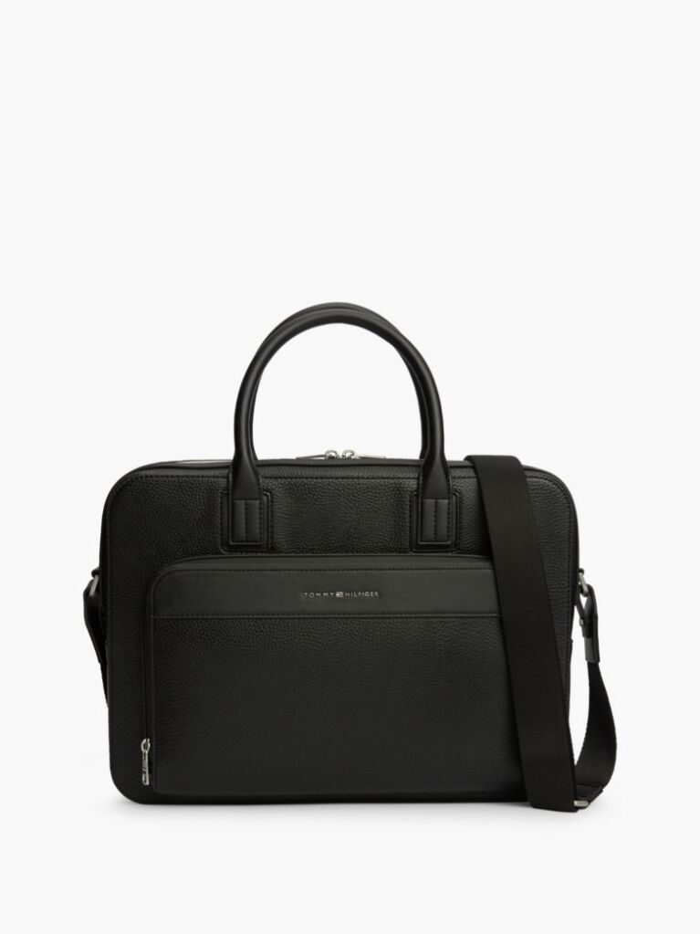 Black Metal Logo Textured Slim Laptop Bag  Men