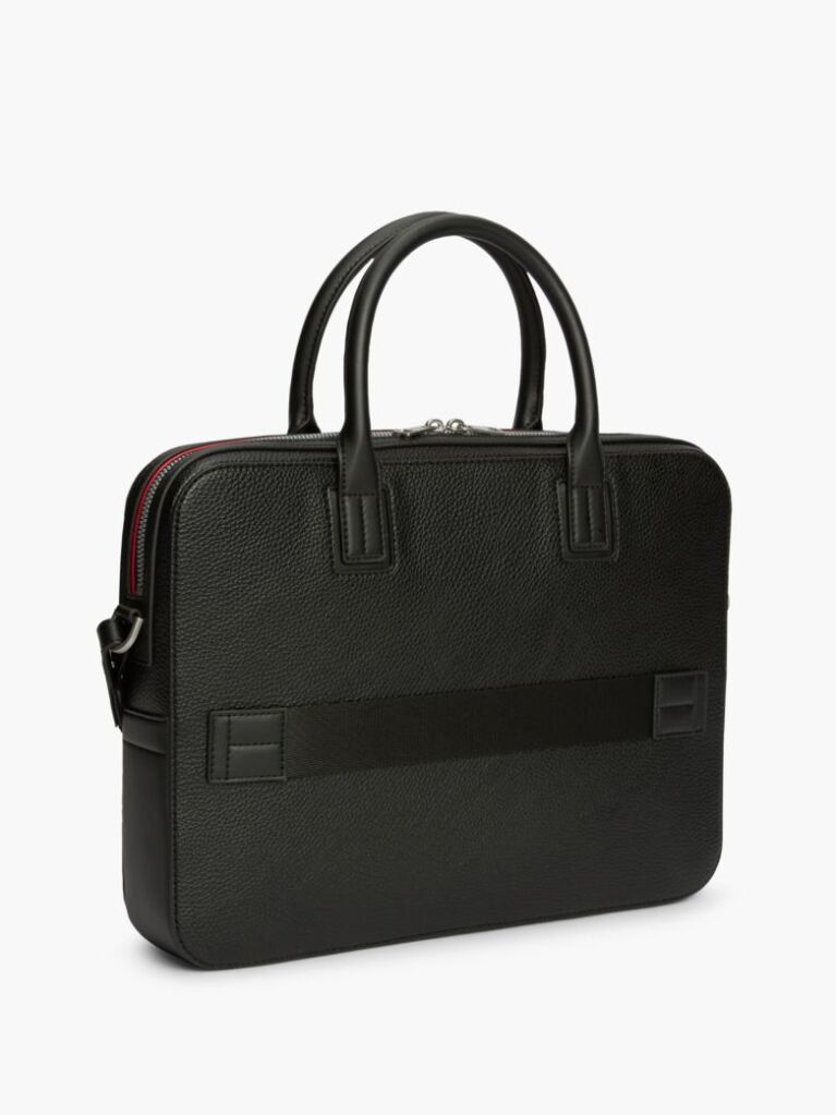 Black Metal Logo Textured Slim Laptop Bag  Men