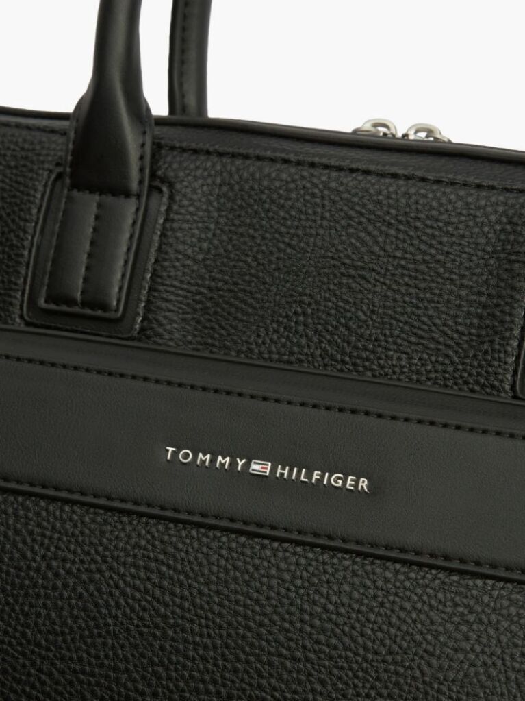 Black Metal Logo Textured Slim Laptop Bag  Men