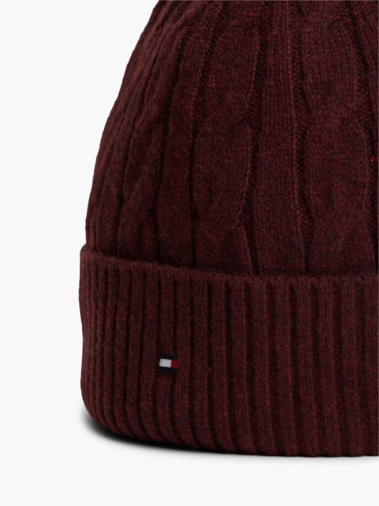 Red Lambswool Blend Cable Knit Flag Beanie  Men