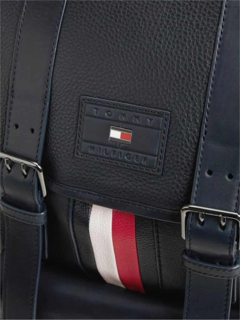 Blue Leather Global Stripe Buckle Flap Backpack  Men