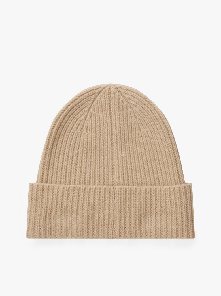 Beige Pure Cashmere Rib-Knit Beanie  Women