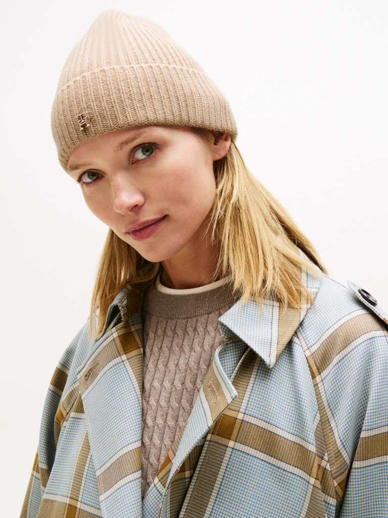 Beige Pure Cashmere Rib-Knit Beanie  Women