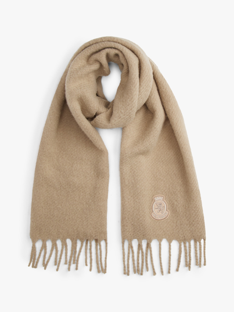 Beige TH Crest Houndstooth Wool Blend Fluffy Scarf  Women