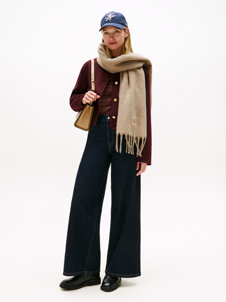 Beige TH Crest Houndstooth Wool Blend Fluffy Scarf  Women
