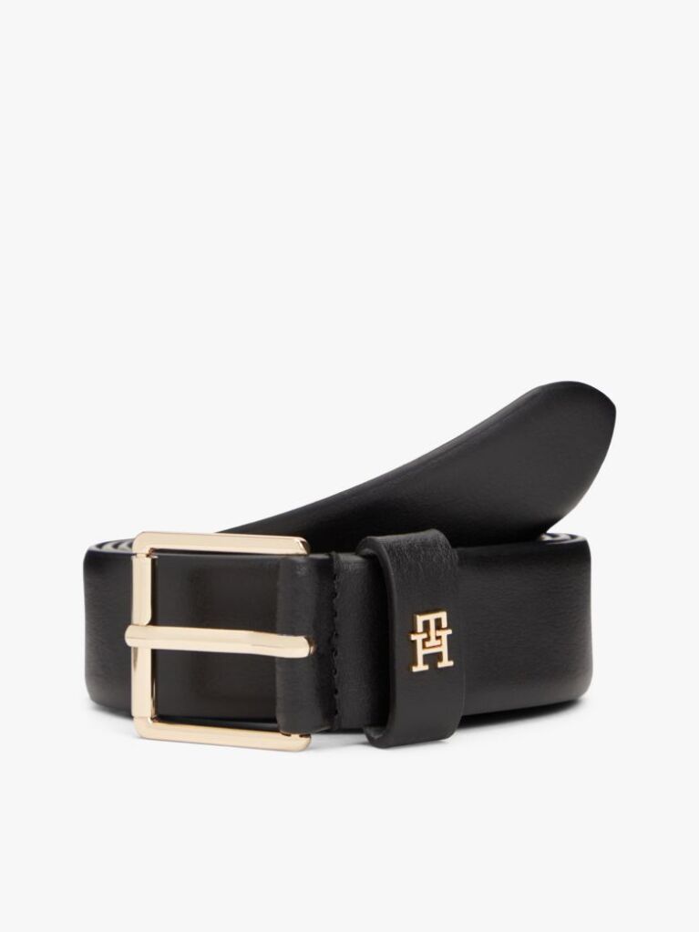 Black TH Monogram Square Buckle Leather Belt  Women