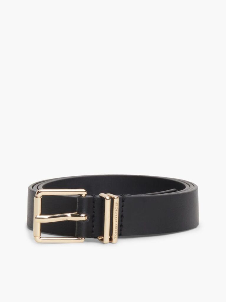 Black Square Buckle Logo Keeper Leather Belt  Women