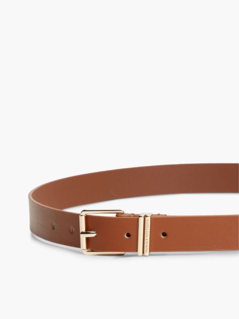 Brown Square Buckle Logo Keeper Leather Belt  Women
