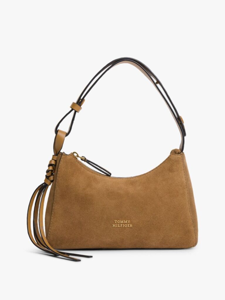 Brown Metal Logo Suede Shoulder Bag  Women
