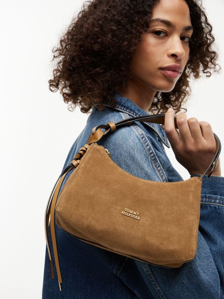 Brown Metal Logo Suede Shoulder Bag  Women