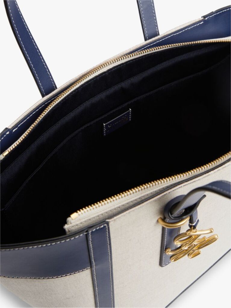 Blue Logo Charm Linen Blend Canvas Tote Bag  Women