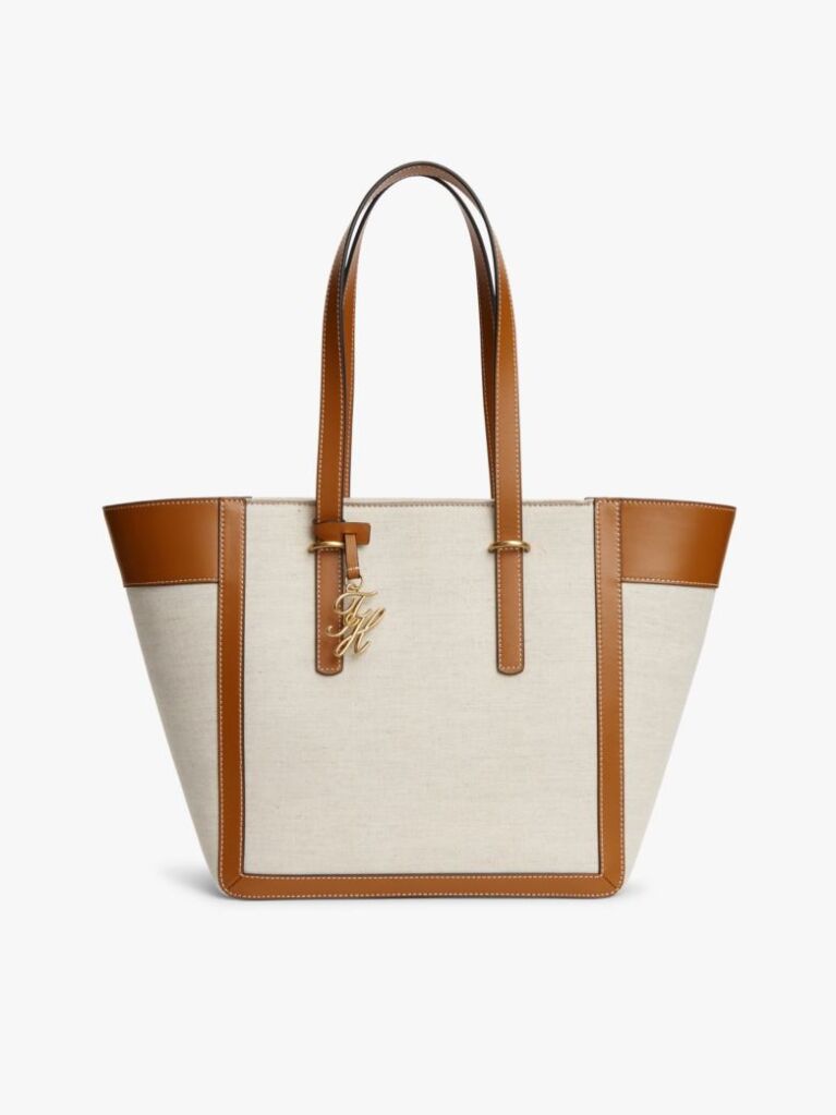 Brown Logo Charm Linen Blend Canvas Tote Bag  Women