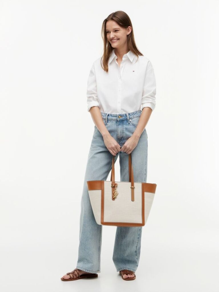 Brown Logo Charm Linen Blend Canvas Tote Bag  Women