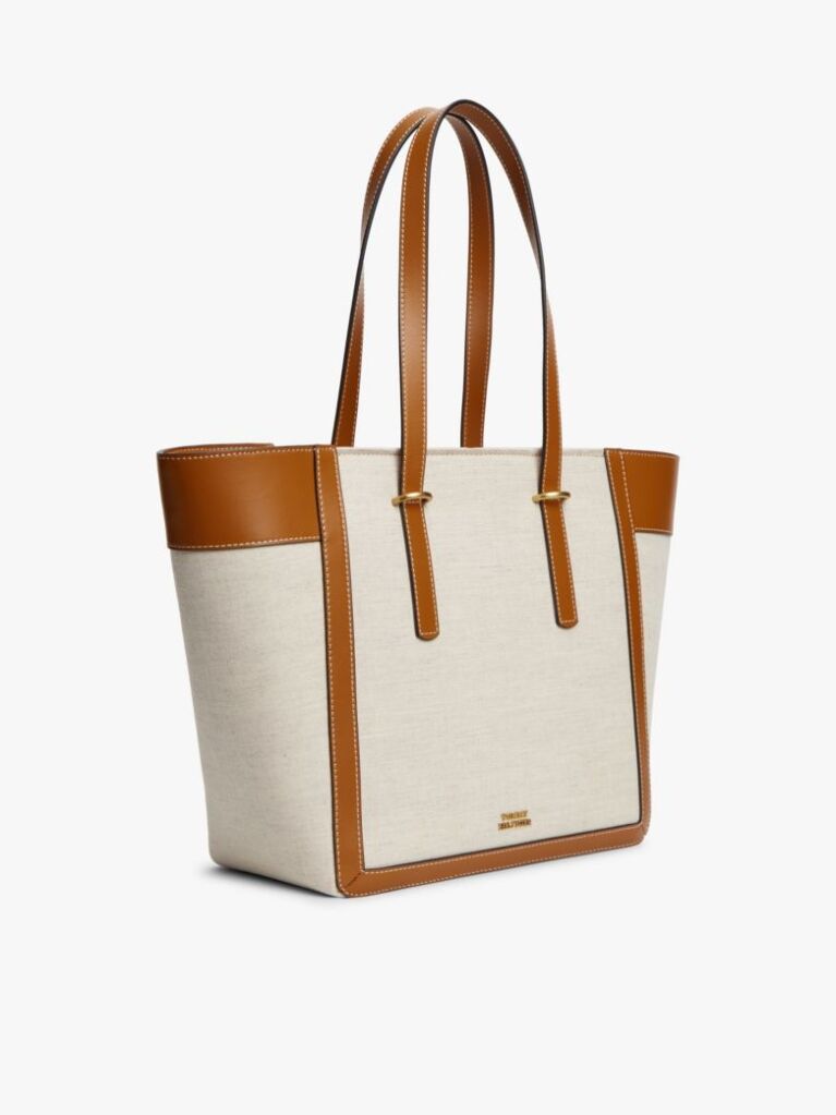 Brown Logo Charm Linen Blend Canvas Tote Bag  Women