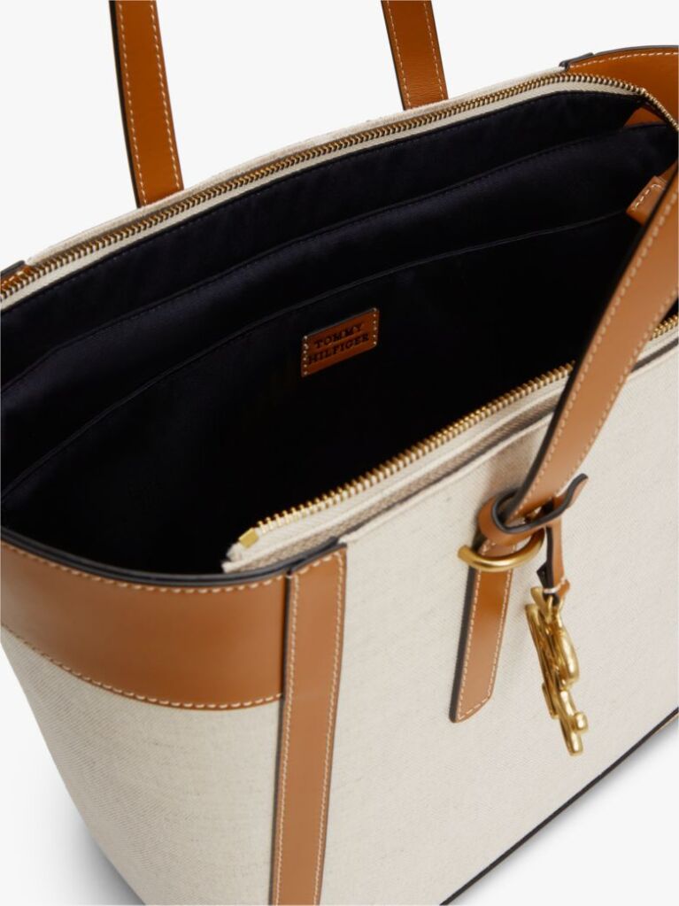 Brown Logo Charm Linen Blend Canvas Tote Bag  Women