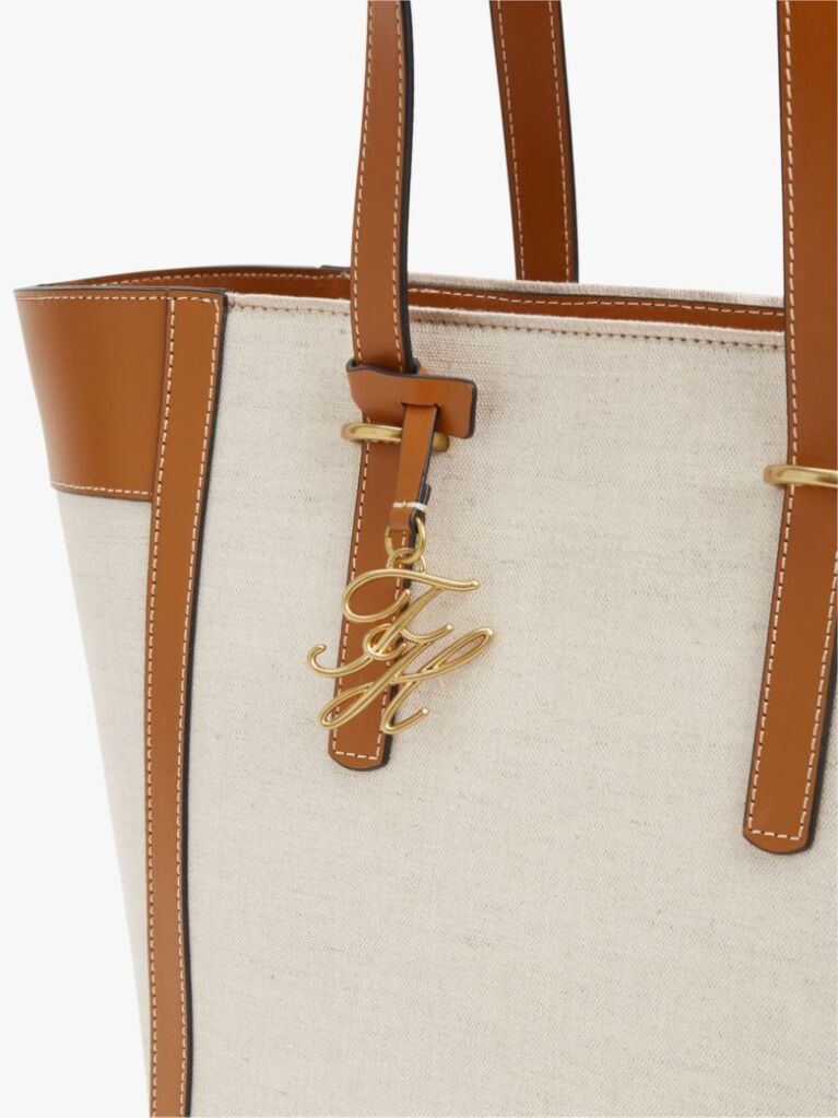 Brown Logo Charm Linen Blend Canvas Tote Bag  Women