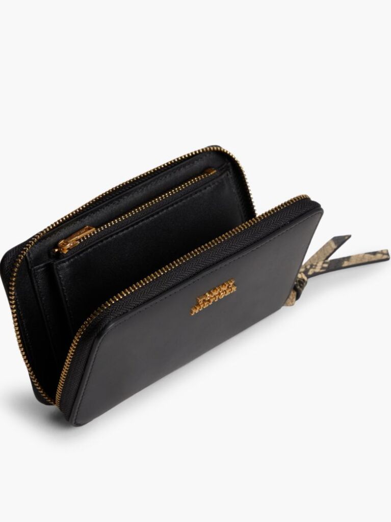 Black Leather Metal Logo Zip-Around Wallet  Women