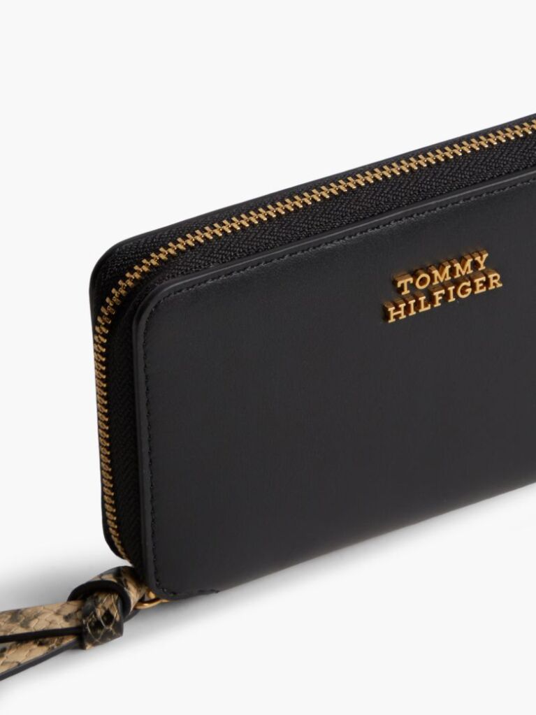 Black Leather Metal Logo Zip-Around Wallet  Women