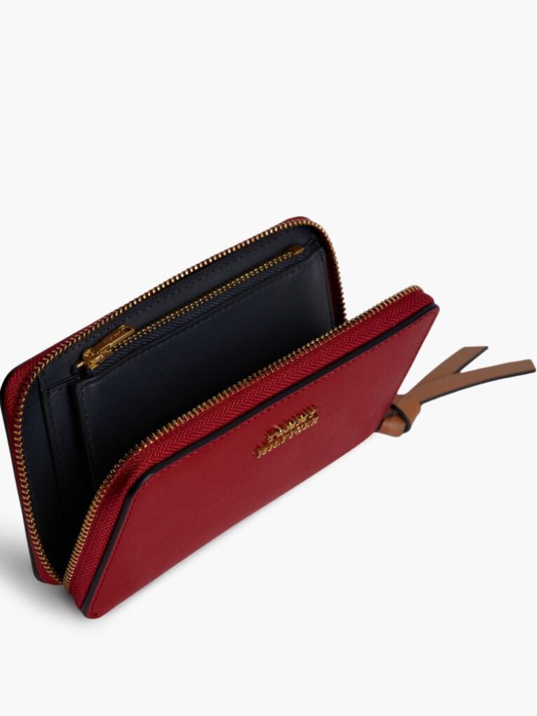 Red Leather Metal Logo Zip-Around Wallet  Women
