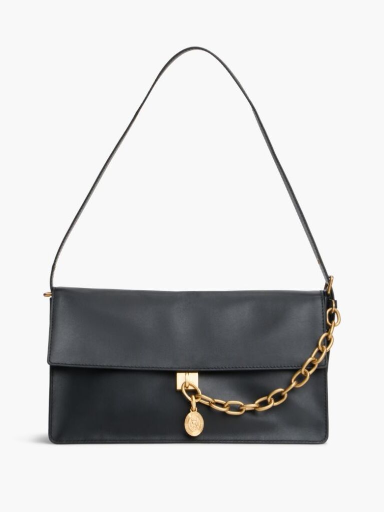 Black Leather Chain Charm Shoulder Bag  Women