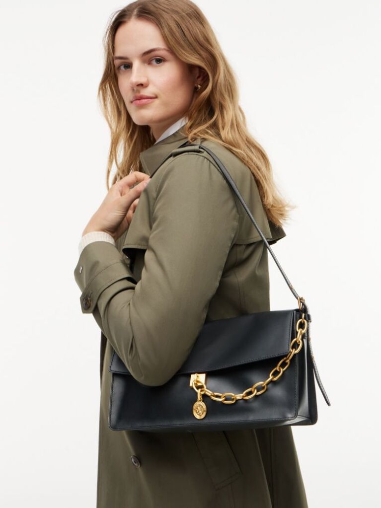 Black Leather Chain Charm Shoulder Bag  Women