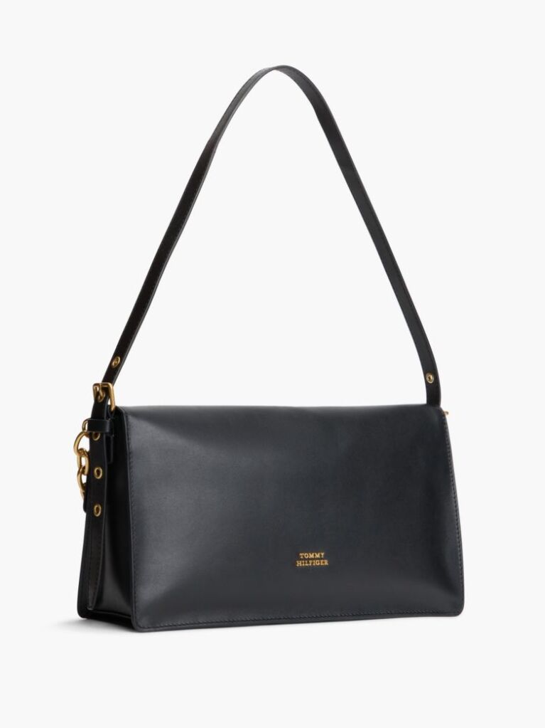 Black Leather Chain Charm Shoulder Bag  Women