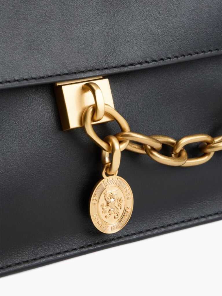 Black Leather Chain Charm Shoulder Bag  Women