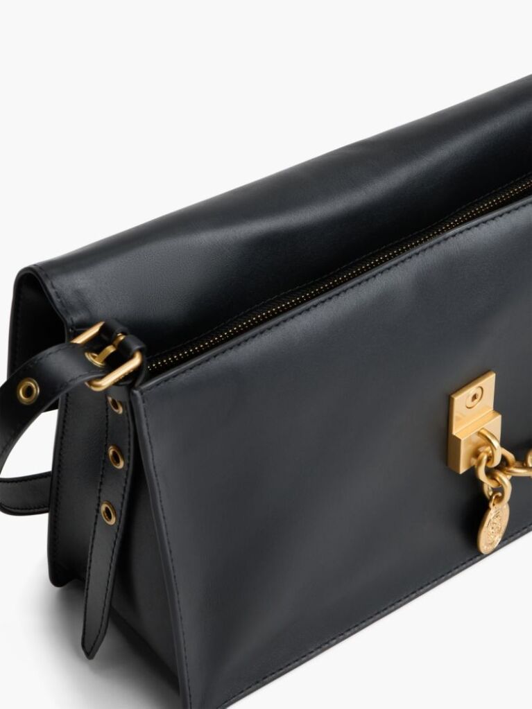 Black Leather Chain Charm Shoulder Bag  Women